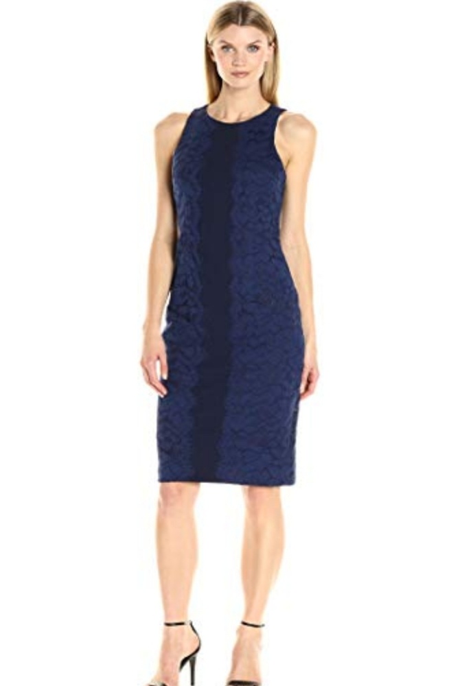 Maggy London Leaf Navy Midi Dress Sz: 16